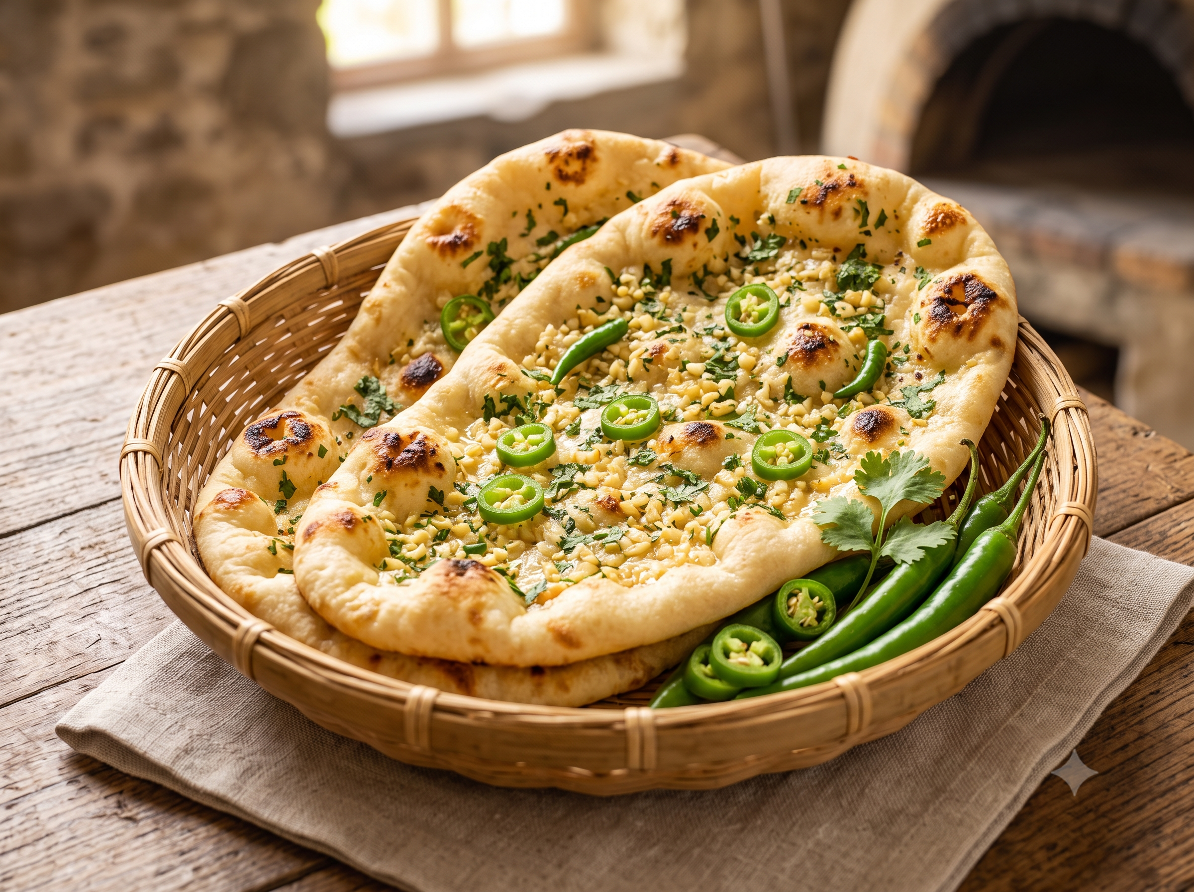 Garlic naan bread on a plate