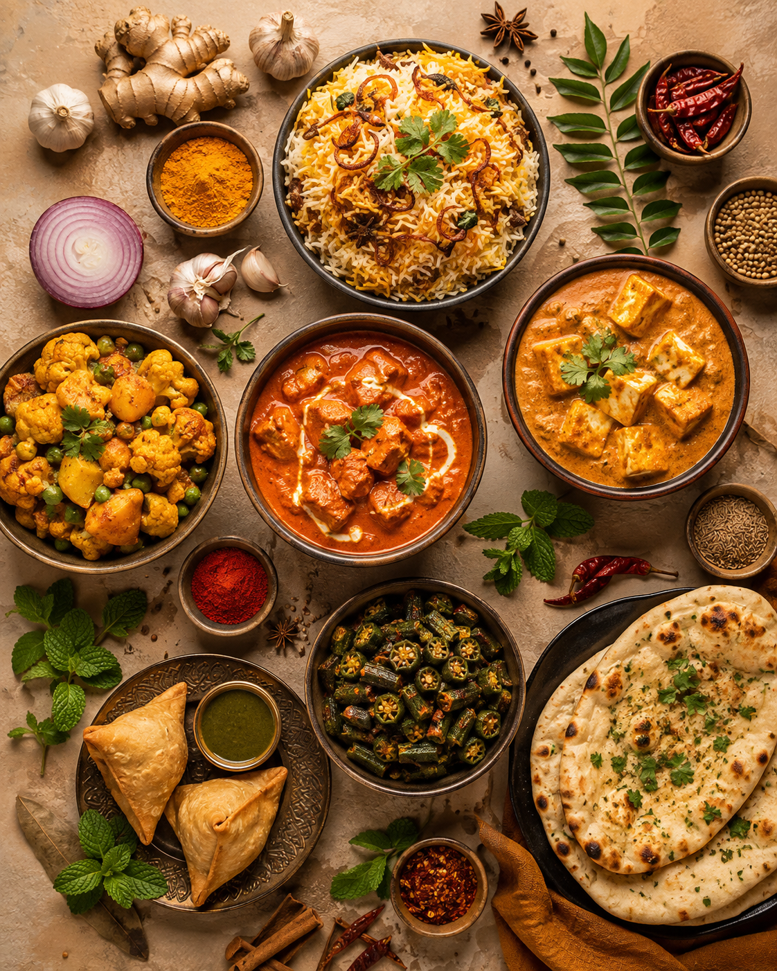 Zaika Indian Cuisine dishes and spices arranged on a table